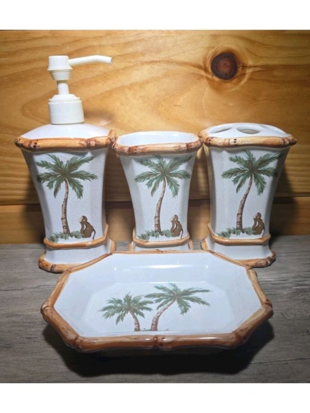 Vintage Spring Maid Set Toothbrush Holder, Soap Holder, Soap Dispenser Tropical